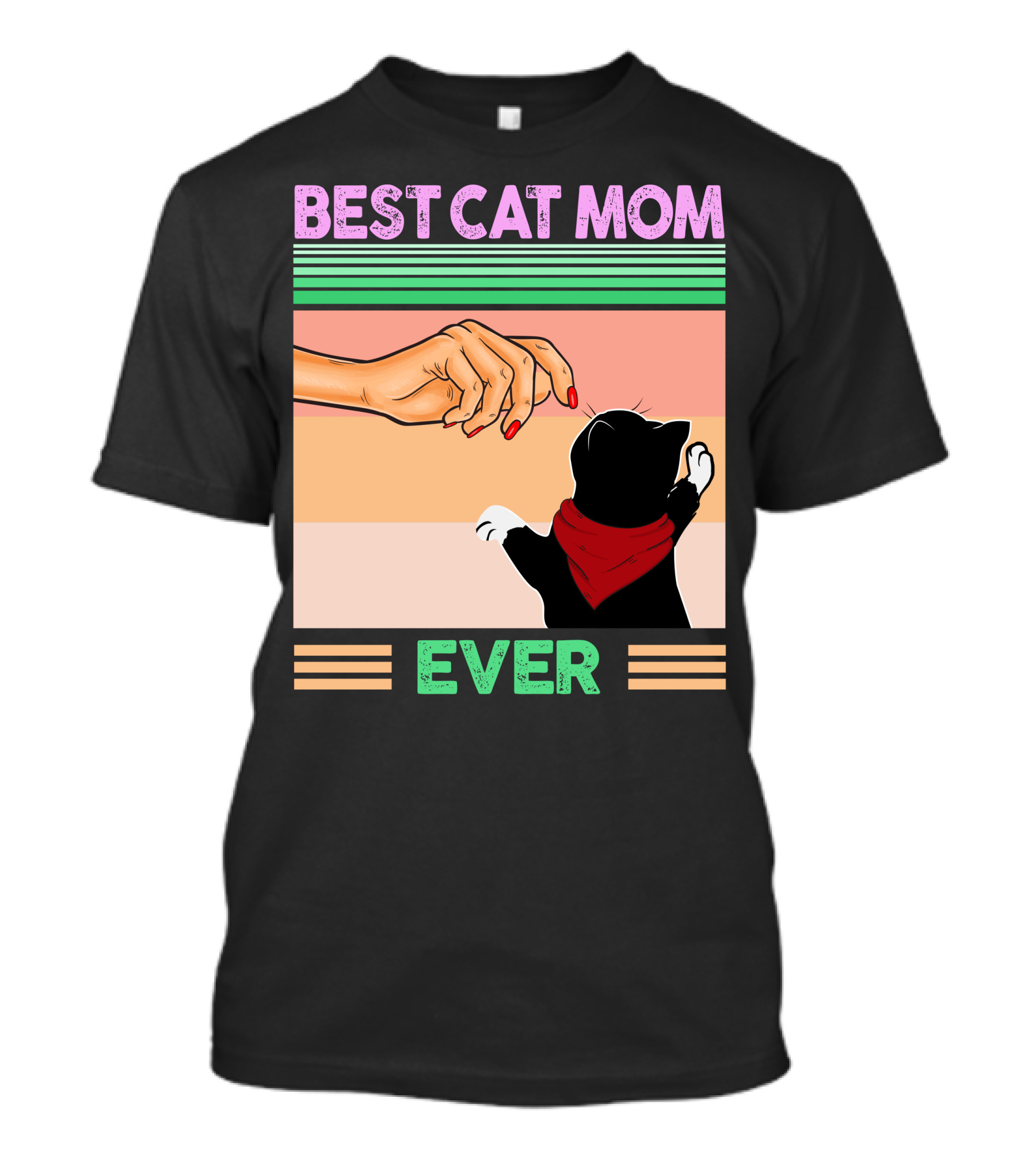 Best Cat Mom Ever Vintage Retro Stripes Cat And Human Hand Interaction T-Shirt