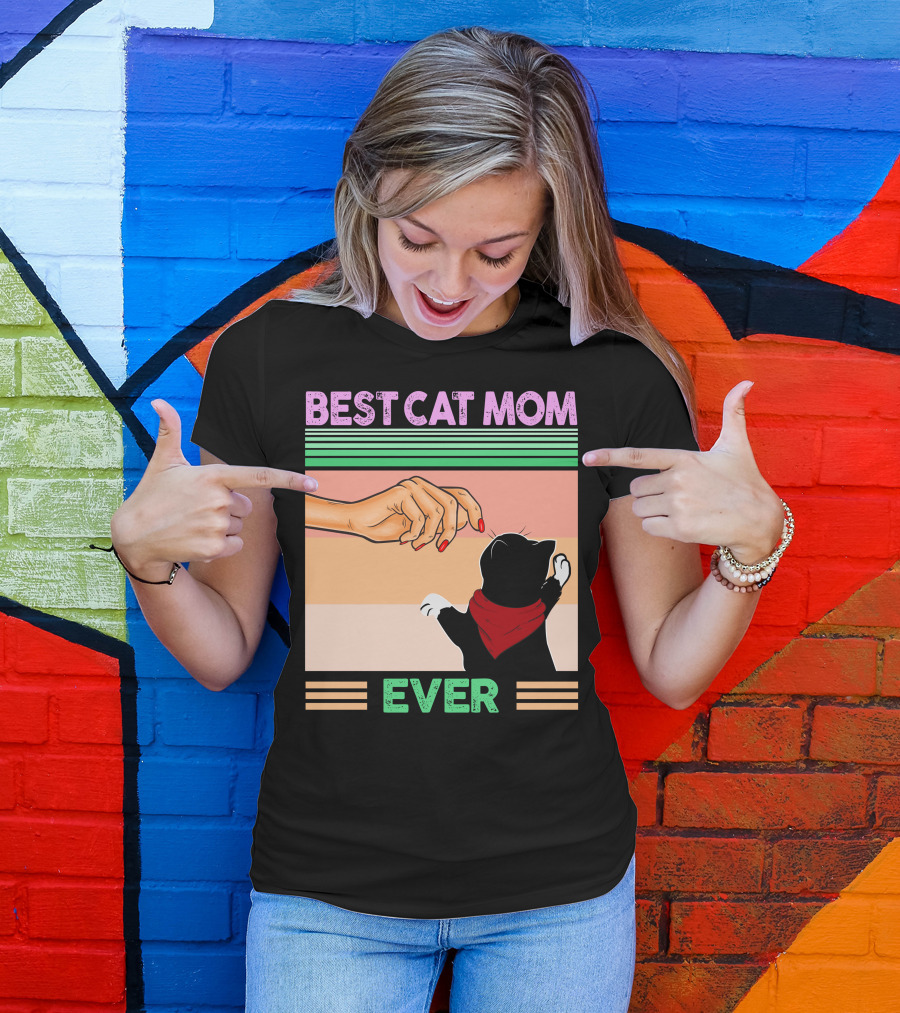 Best Cat Mom Ever Vintage Retro Stripes Cat And Human Hand Interaction T-Shirt