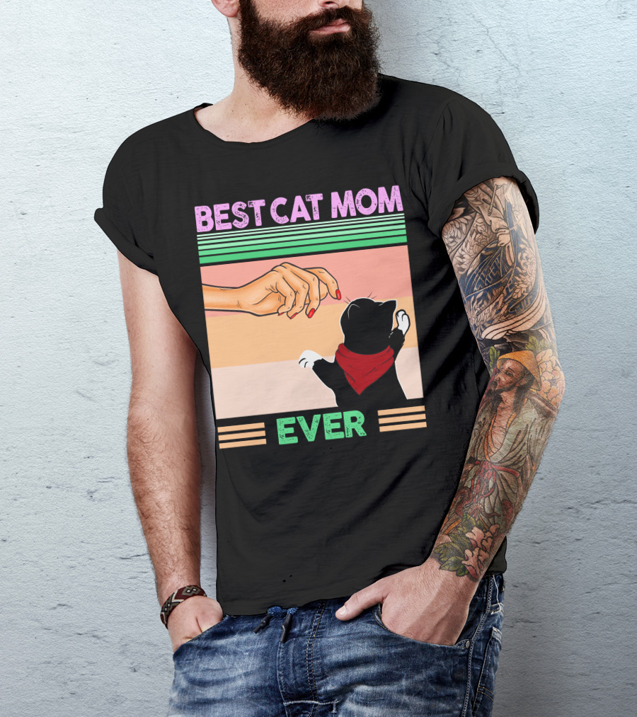 Best Cat Mom Ever Vintage Retro Stripes Cat And Human Hand Interaction T-Shirt
