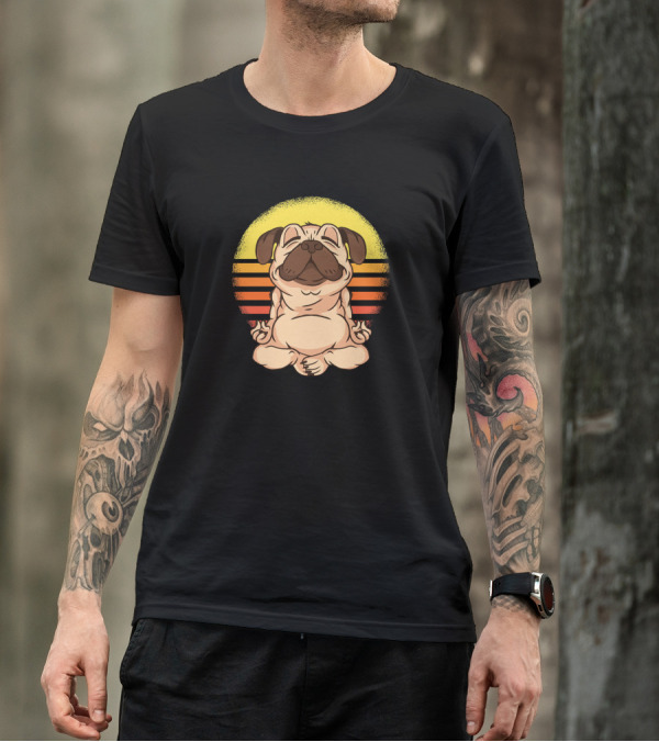 Yoga Pug Meditating In Retro Sunset T-Shirt