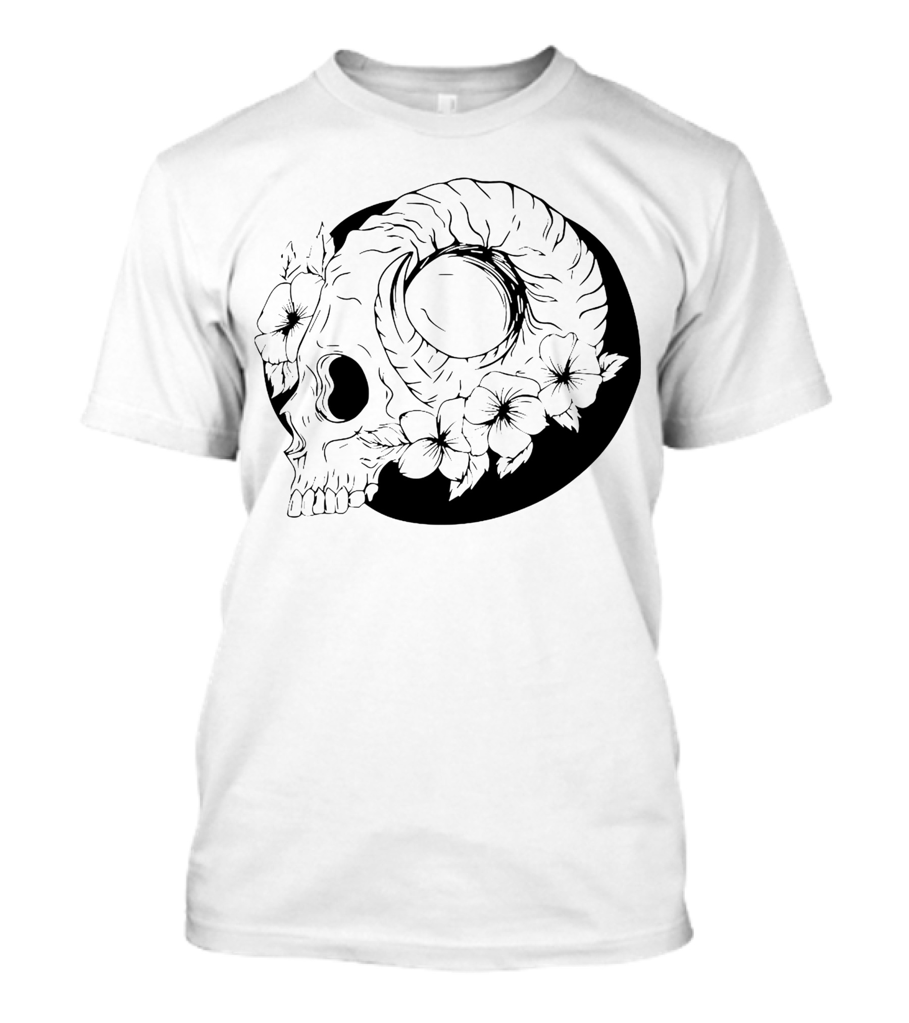 Dark Floral Skull Moon Design With Roses And Shadows T-Shirt