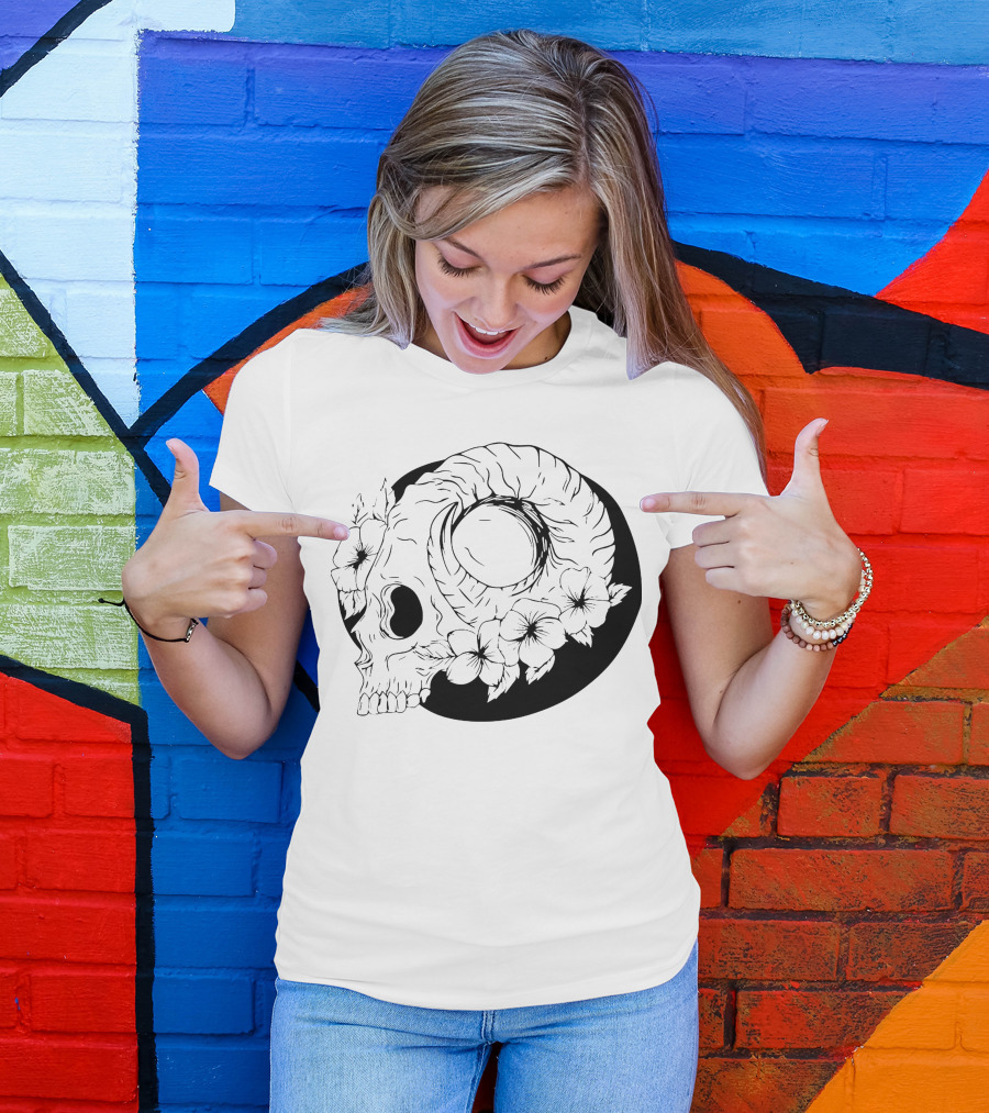 Dark Floral Skull Moon Design With Roses And Shadows T-Shirt