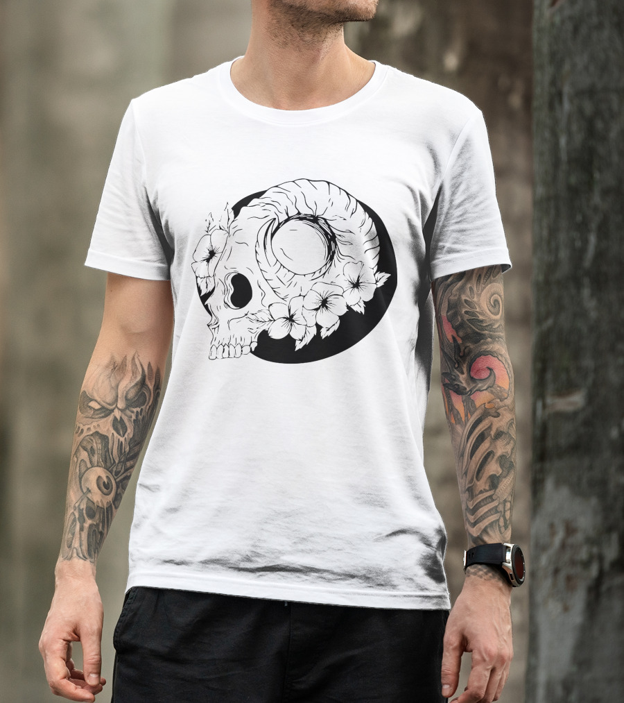 Dark Floral Skull Moon Design With Roses And Shadows T-Shirt