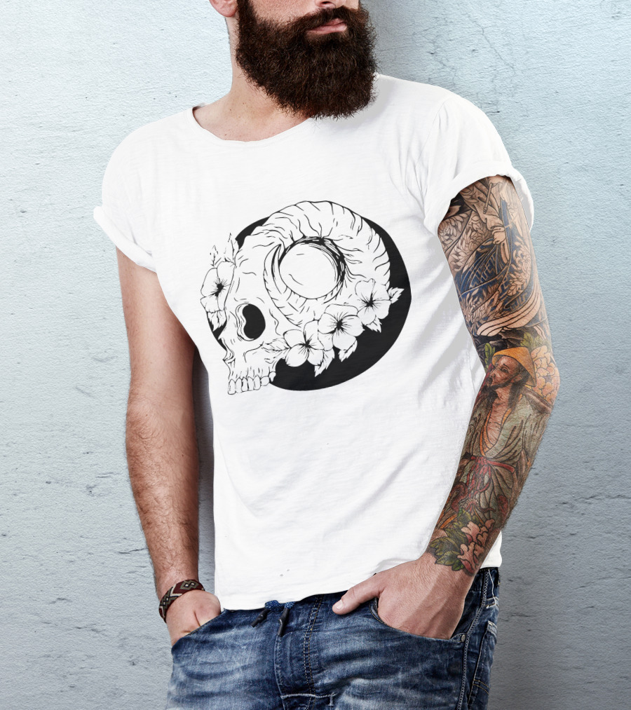 Dark Floral Skull Moon Design With Roses And Shadows T-Shirt