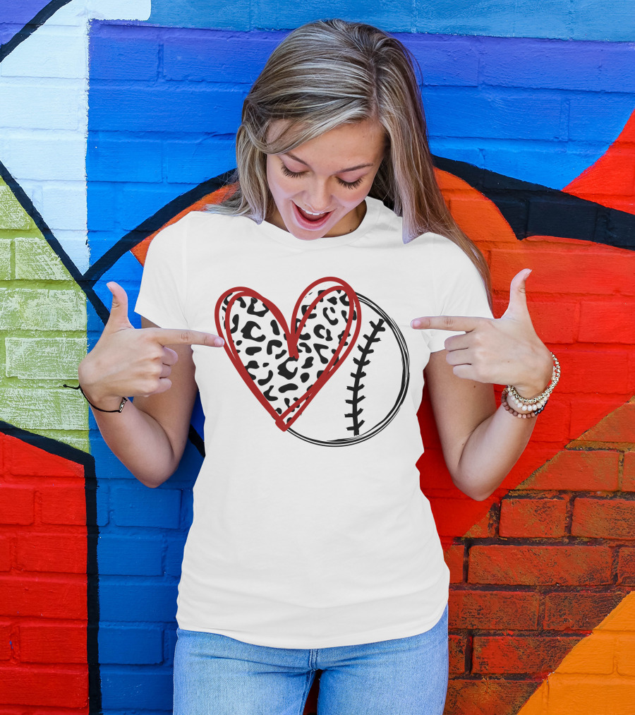 Baseball Leopard Heart Pattern With Stitches T-Shirt