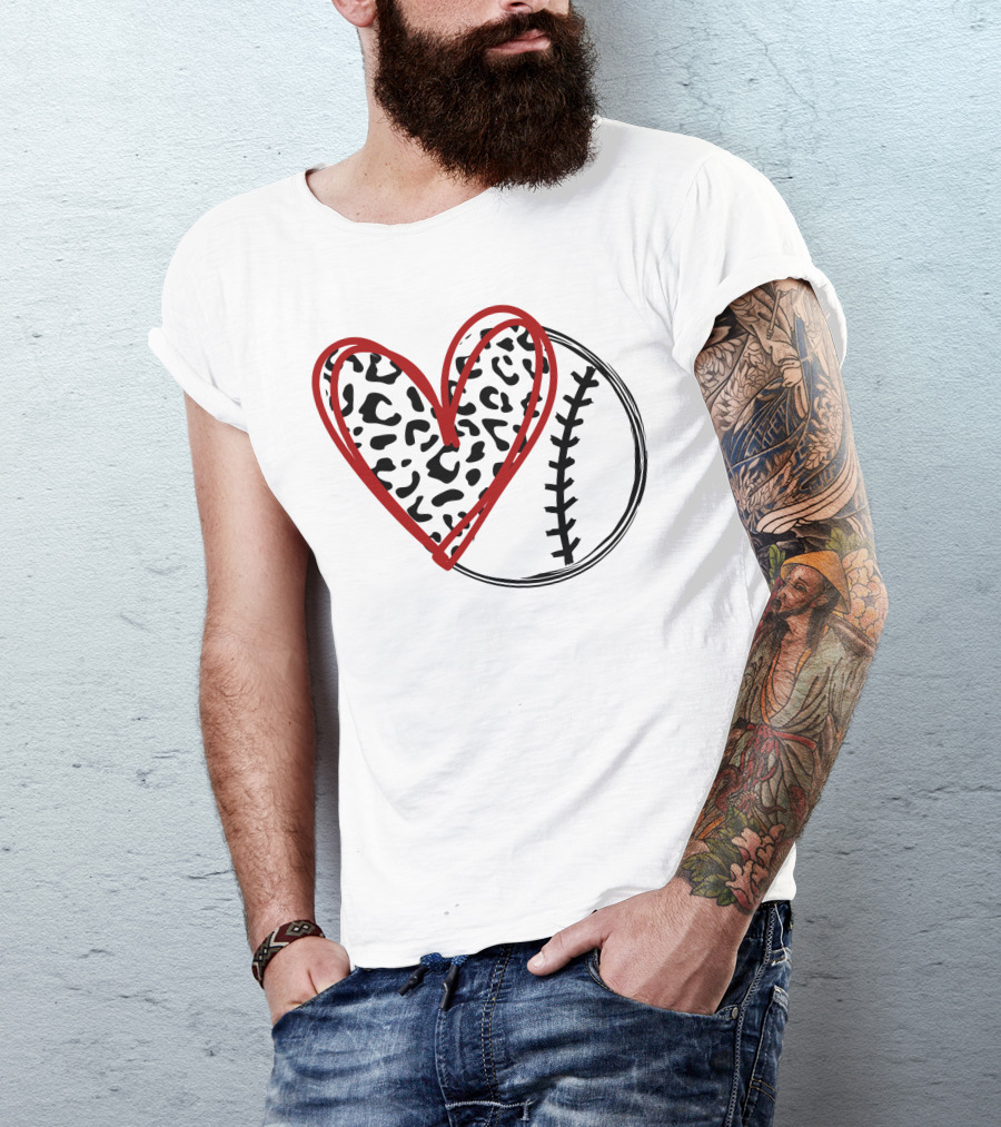 Baseball Leopard Heart Pattern With Stitches T-Shirt