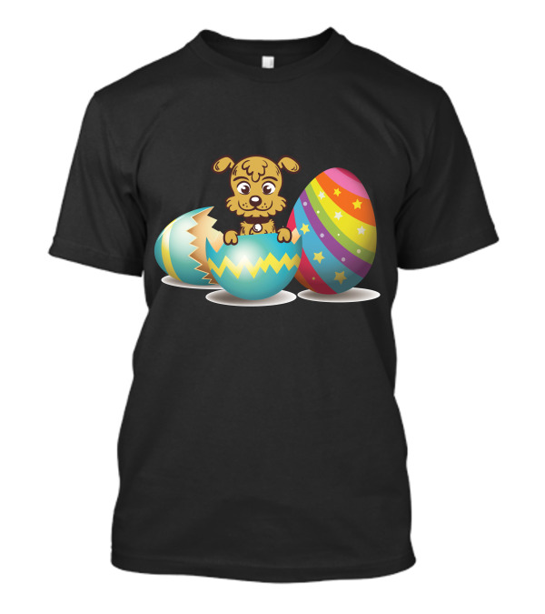 Dog Popping Out Of Colorful Easter Eggs Striped With Stars And Zigzags T-Shirt