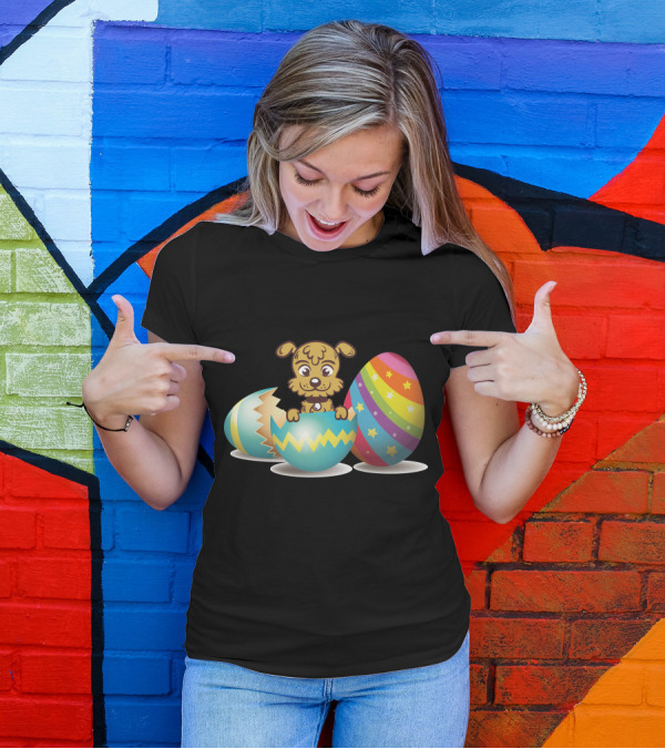 Dog Popping Out Of Colorful Easter Eggs Striped With Stars And Zigzags T-Shirt
