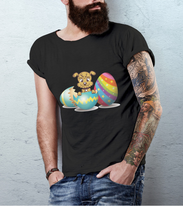 Dog Popping Out Of Colorful Easter Eggs Striped With Stars And Zigzags T-Shirt
