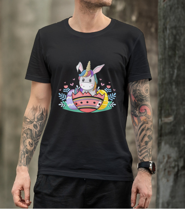 Easter Bunny Unicorn With Colorful Eggs And Hearts T-Shirt