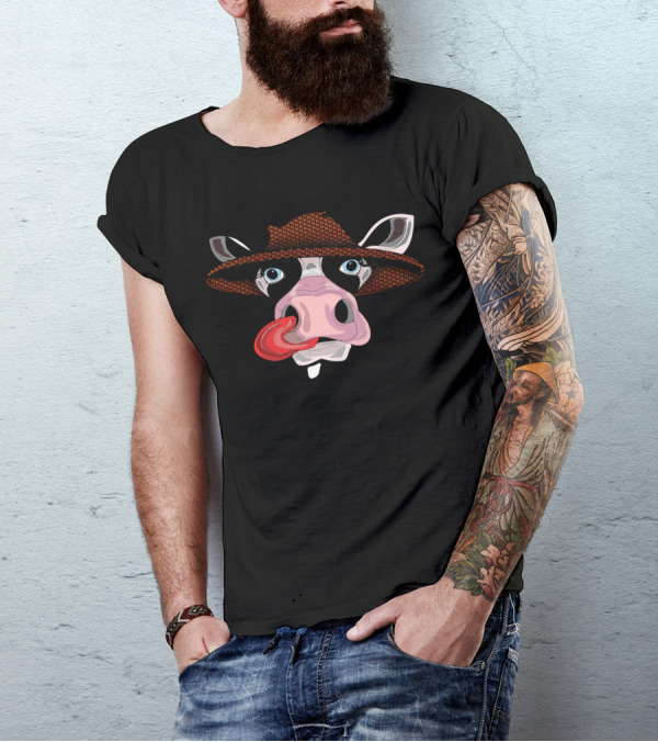 Farmer Cow With Straw Hat And Tongue Out T-Shirt