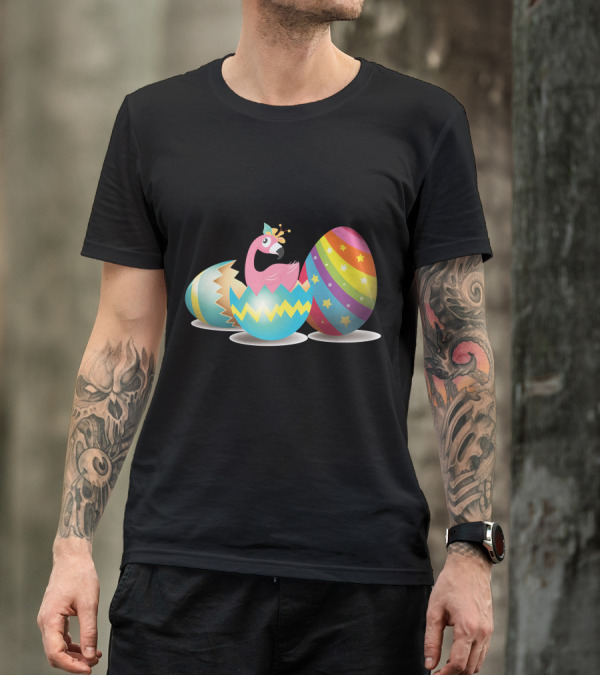 Flamingo In Colorful Cracked Easter Eggs With Rainbow T-Shirt