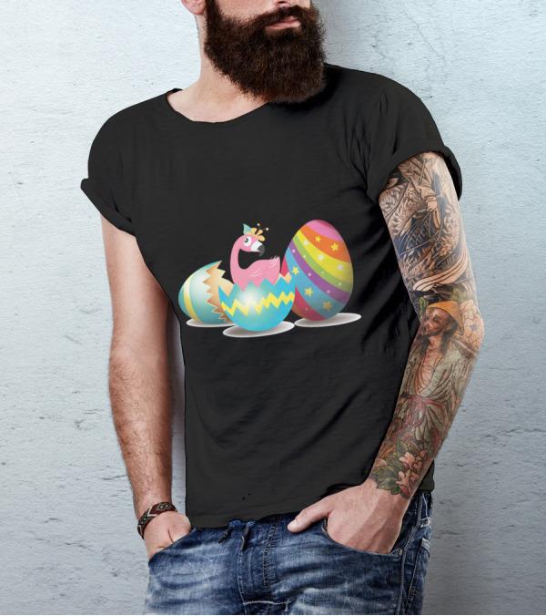 Flamingo In Colorful Cracked Easter Eggs With Rainbow T-Shirt