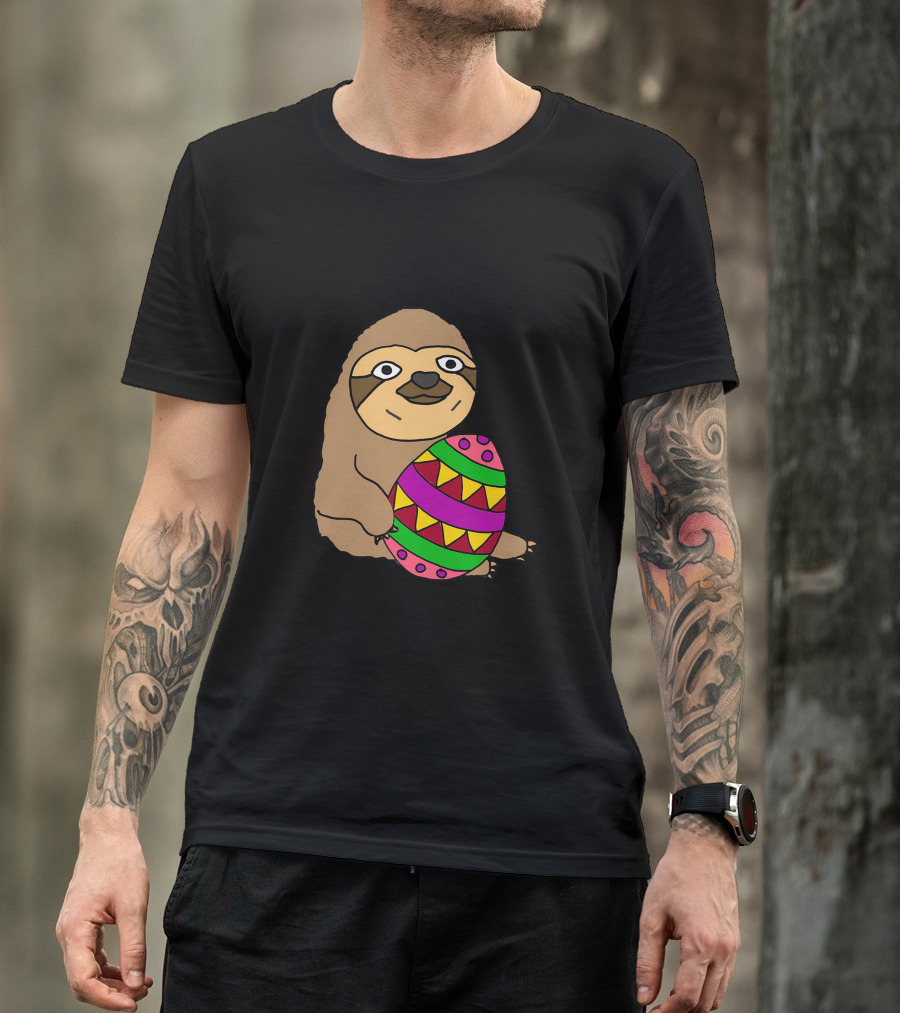 Funny Cute Sloth Hugging Colorful Easter Egg Cartoon T-Shirt
