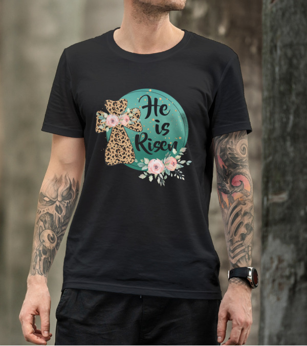 He Is Risen Leopard Print Cross Floral Circle T-Shirt
