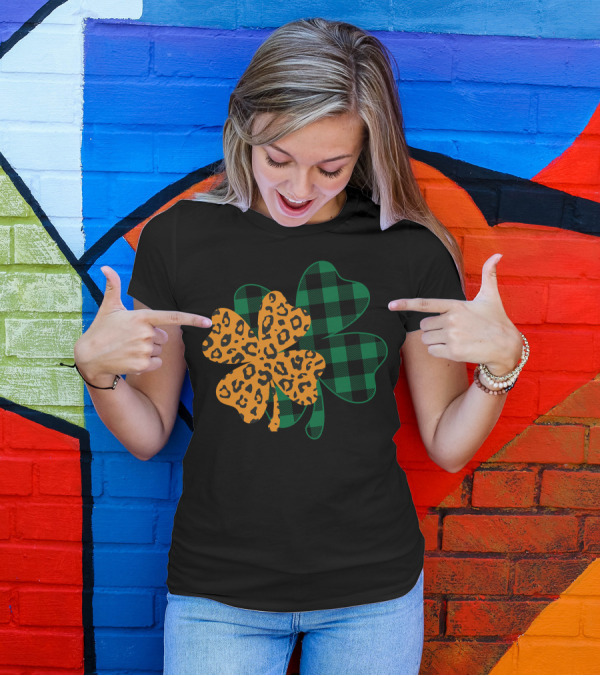Leopard Print And Buffalo Plaid Shamrock T-Shirt