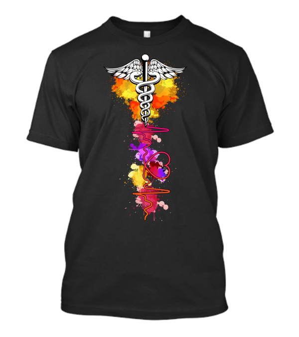 Nurse Heartbeat Caduceus Colorful Splatter T-Shirt