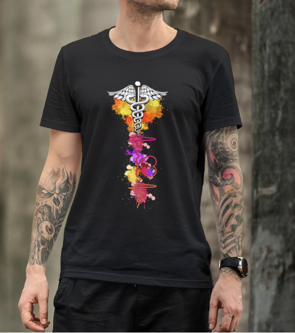 Nurse Heartbeat Caduceus Colorful Splatter T-Shirt