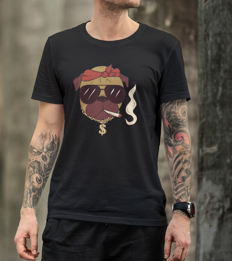 Thug Pug Dollar Chain Bandana Sunglasses Smoking Cool Dog T-Shirt