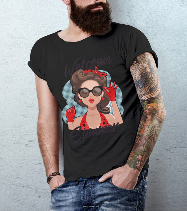 Welcome Summer Retro Girl Sunglasses Red Gloves T-Shirt