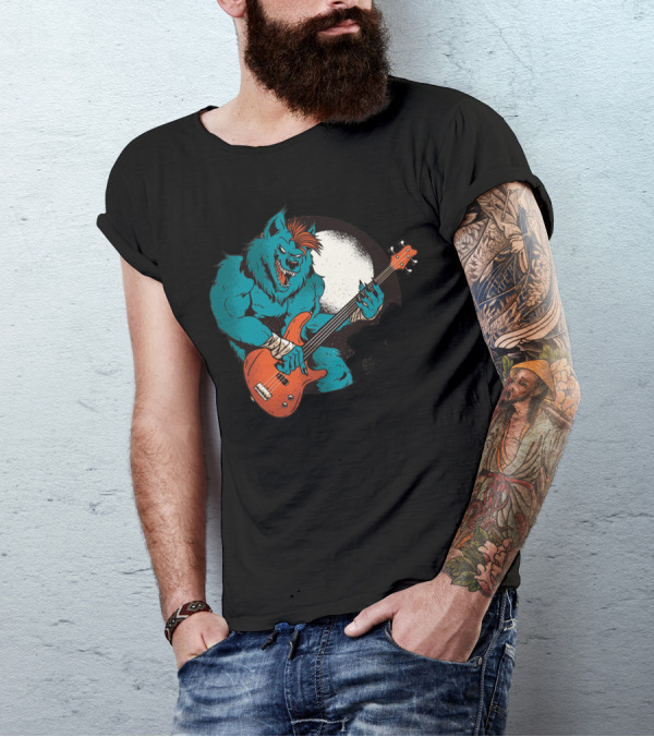 Werewolf Rocking Out Under Full Moon With Electric Bass Guitar T-Shirt