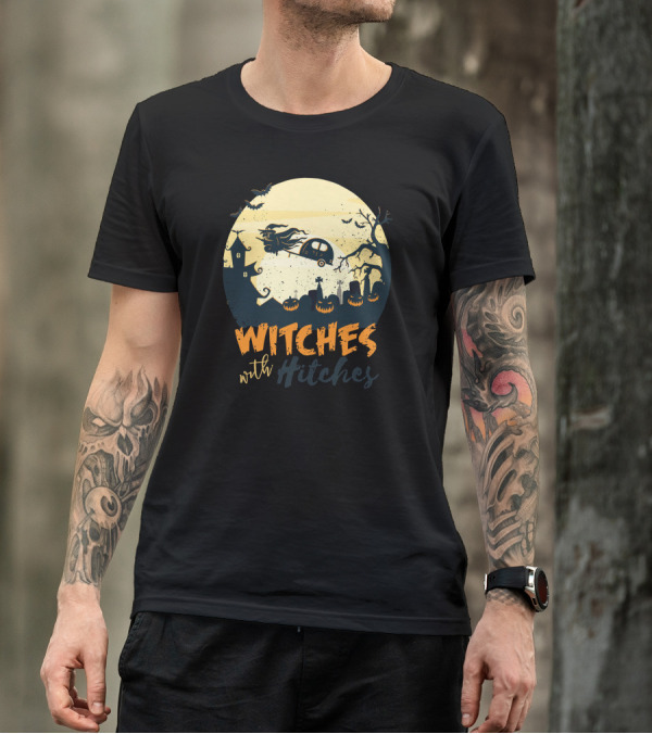 Halloween Moon Night Witches With Hitches Campers And Pumpkins T-Shirt