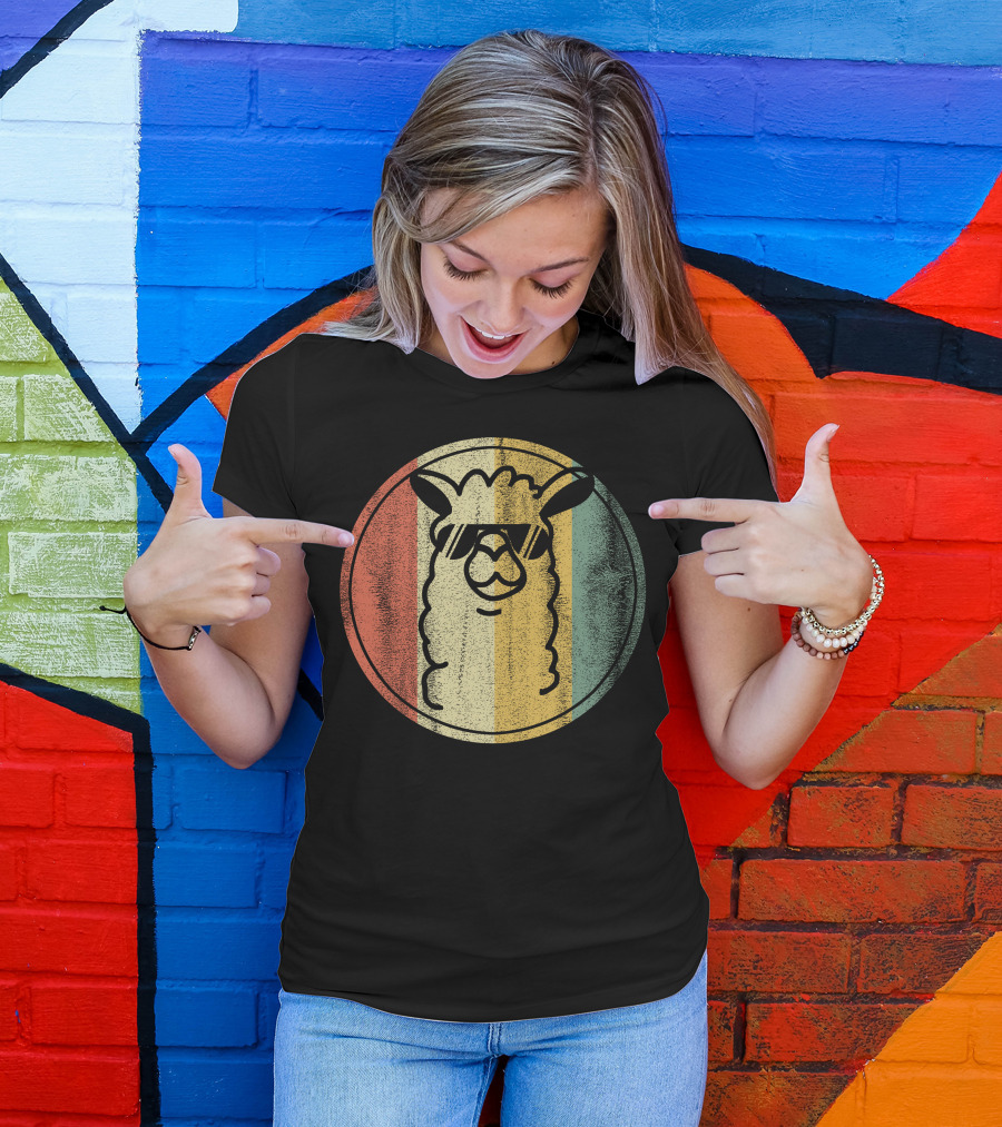 Alpaca Llama No Prob Llama Vintage Retro Stripe Sunglasses T-Shirt