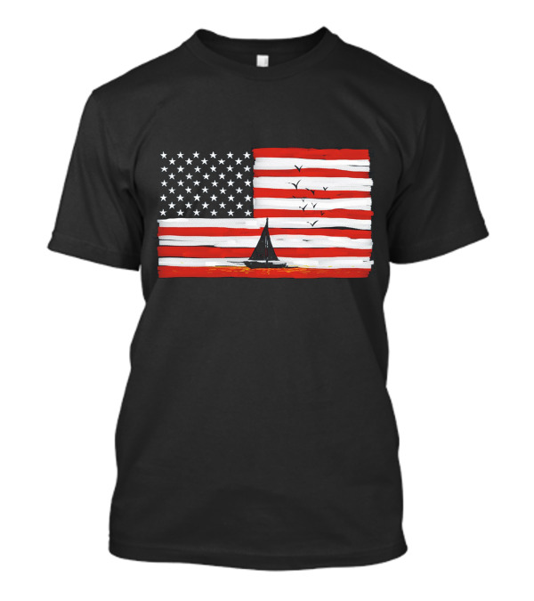 American Sunset Sailboat Flag With Birds T-Shirt