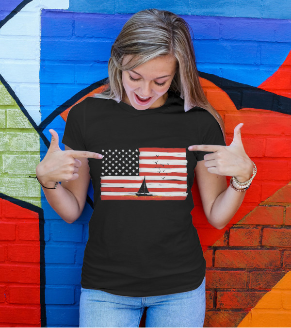 American Sunset Sailboat Flag With Birds T-Shirt