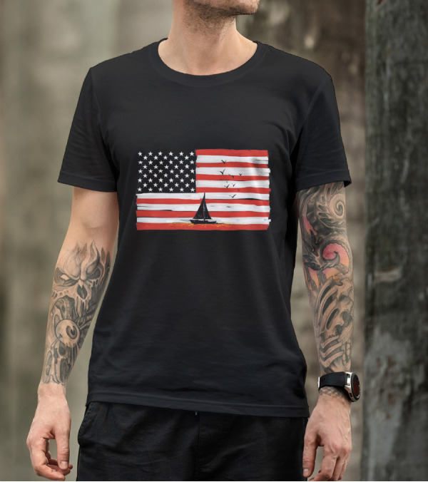 American Sunset Sailboat Flag With Birds T-Shirt