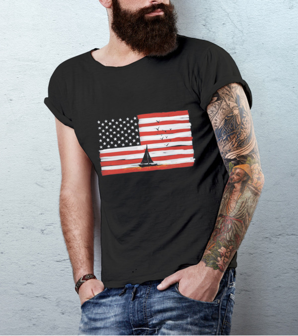 American Sunset Sailboat Flag With Birds T-Shirt