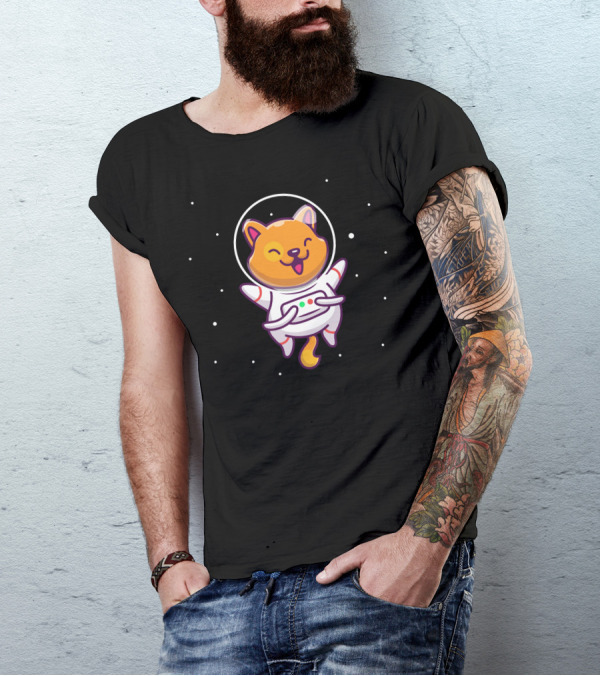Astronaut Cat Floating Blissfully In Space With Stars T-Shirt