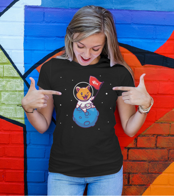 Astronaut Cat Holding Red Fish Bone Flag On Moon T-Shirt