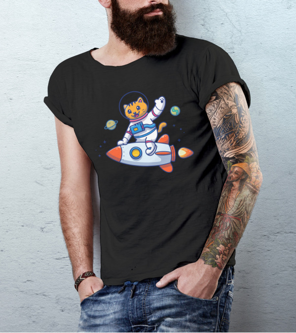 Astronaut Cat In Space Waving Riding Colorful Rocket With Planets T-Shirt