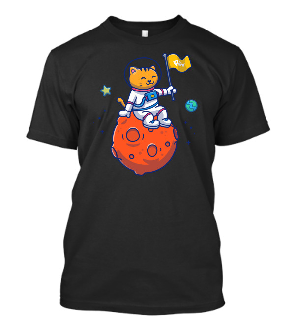 Astronaut Cat Smiling On Orange Planet With Fishbone Flag And Stars T-Shirt