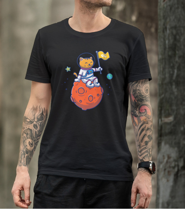 Astronaut Cat Smiling On Orange Planet With Fishbone Flag And Stars T-Shirt