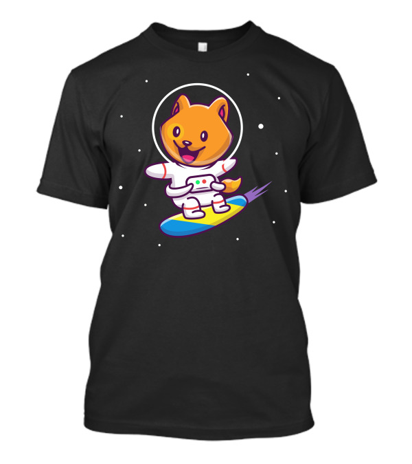 Astronaut Cat Riding Surfboard In Space Adventure T-Shirt