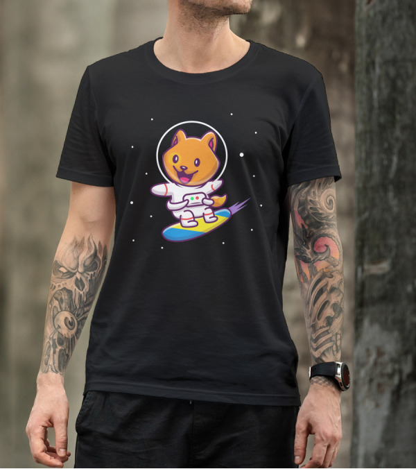 Astronaut Cat Riding Surfboard In Space Adventure T-Shirt