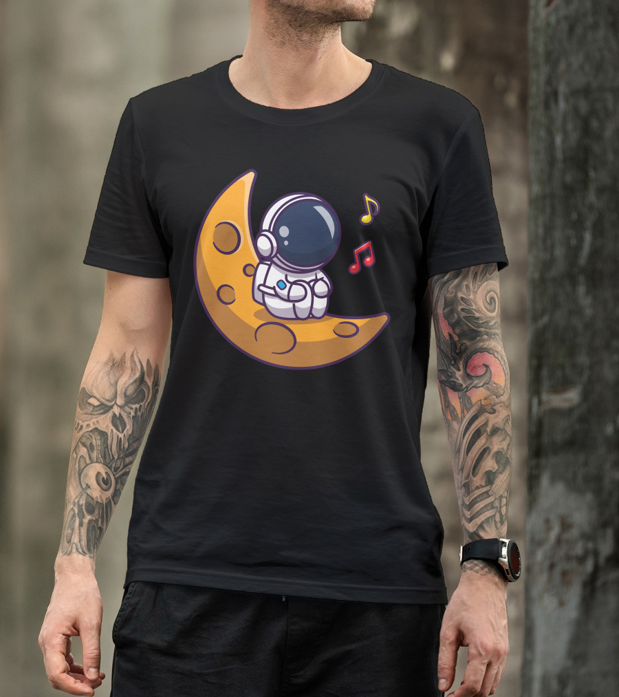 Astronaut On Crescent Moon With Colorful Musical Notes T-Shirt