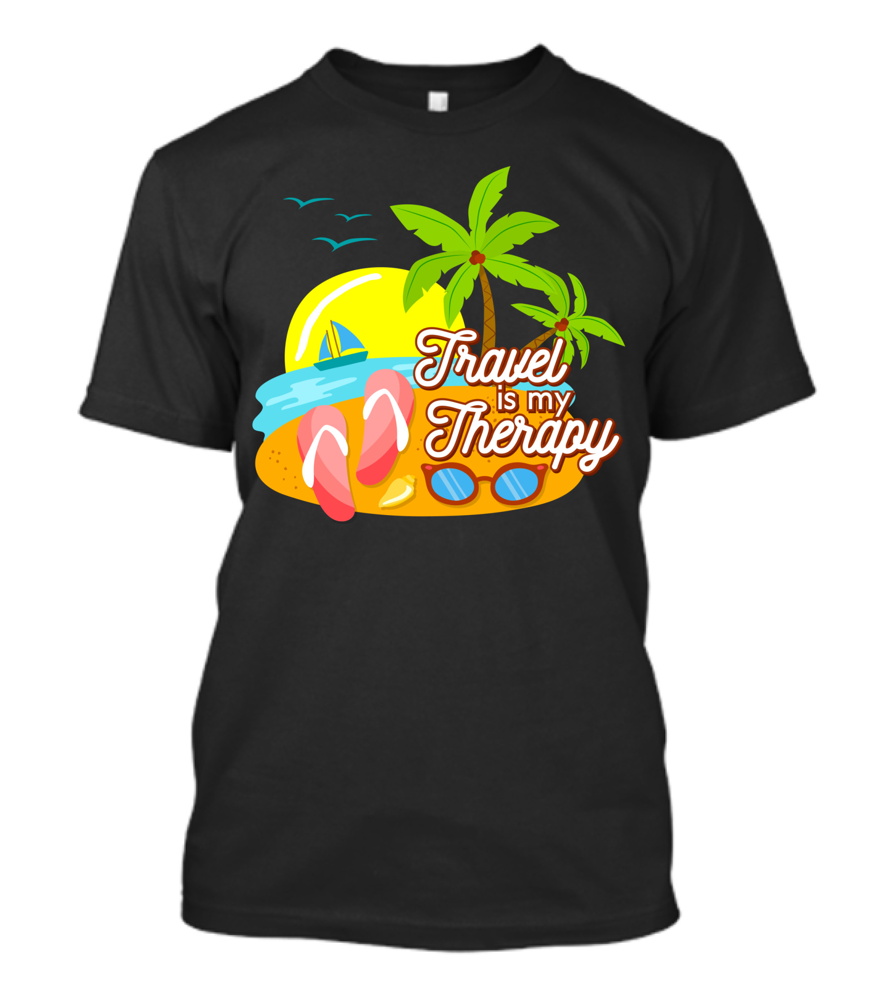 Travel Is My Therapy Beach Palm Trees Flip-Flops Sunglasses Sailboat Ocean Sunset T-Shirt