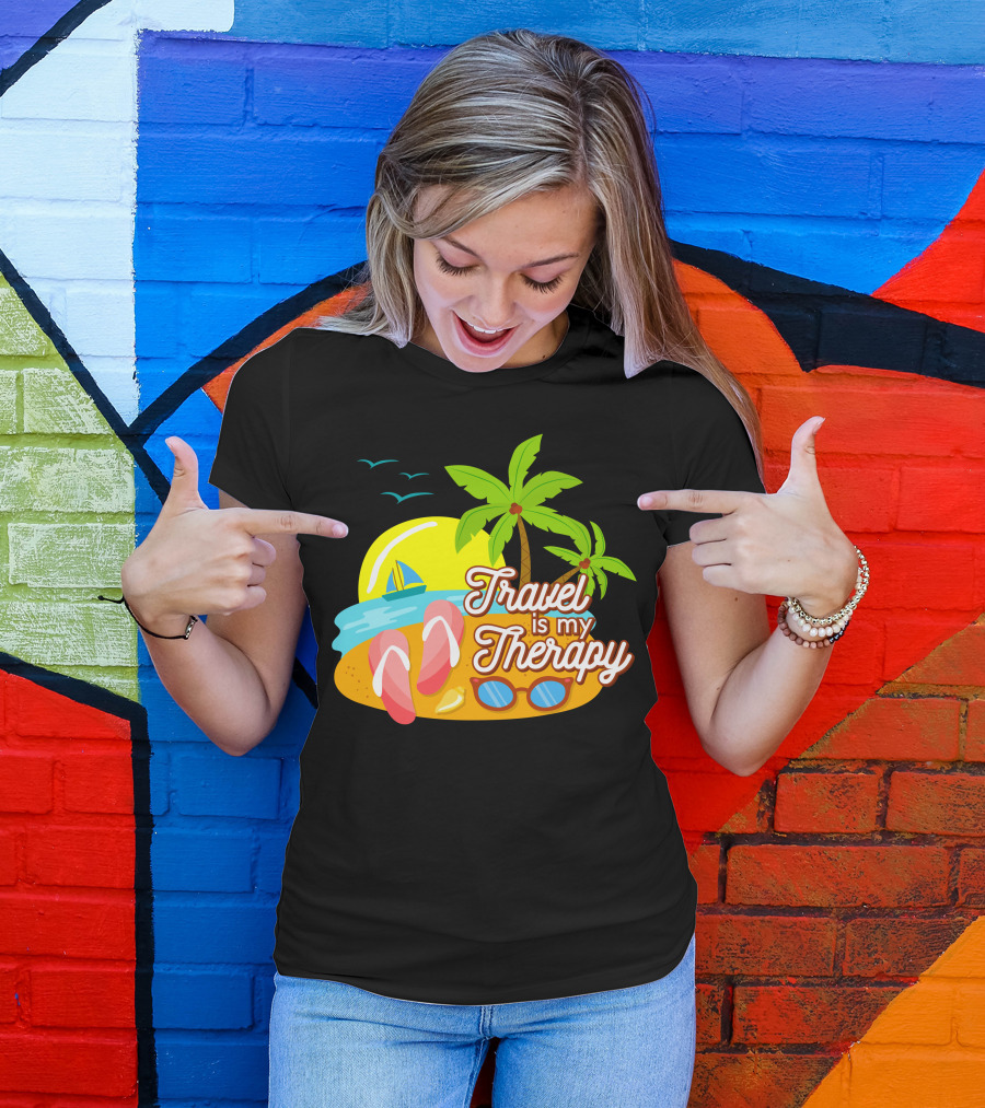 Travel Is My Therapy Beach Palm Trees Flip-Flops Sunglasses Sailboat Ocean Sunset T-Shirt