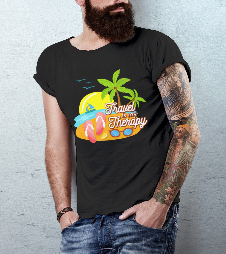 Travel Is My Therapy Beach Palm Trees Flip-Flops Sunglasses Sailboat Ocean Sunset T-Shirt