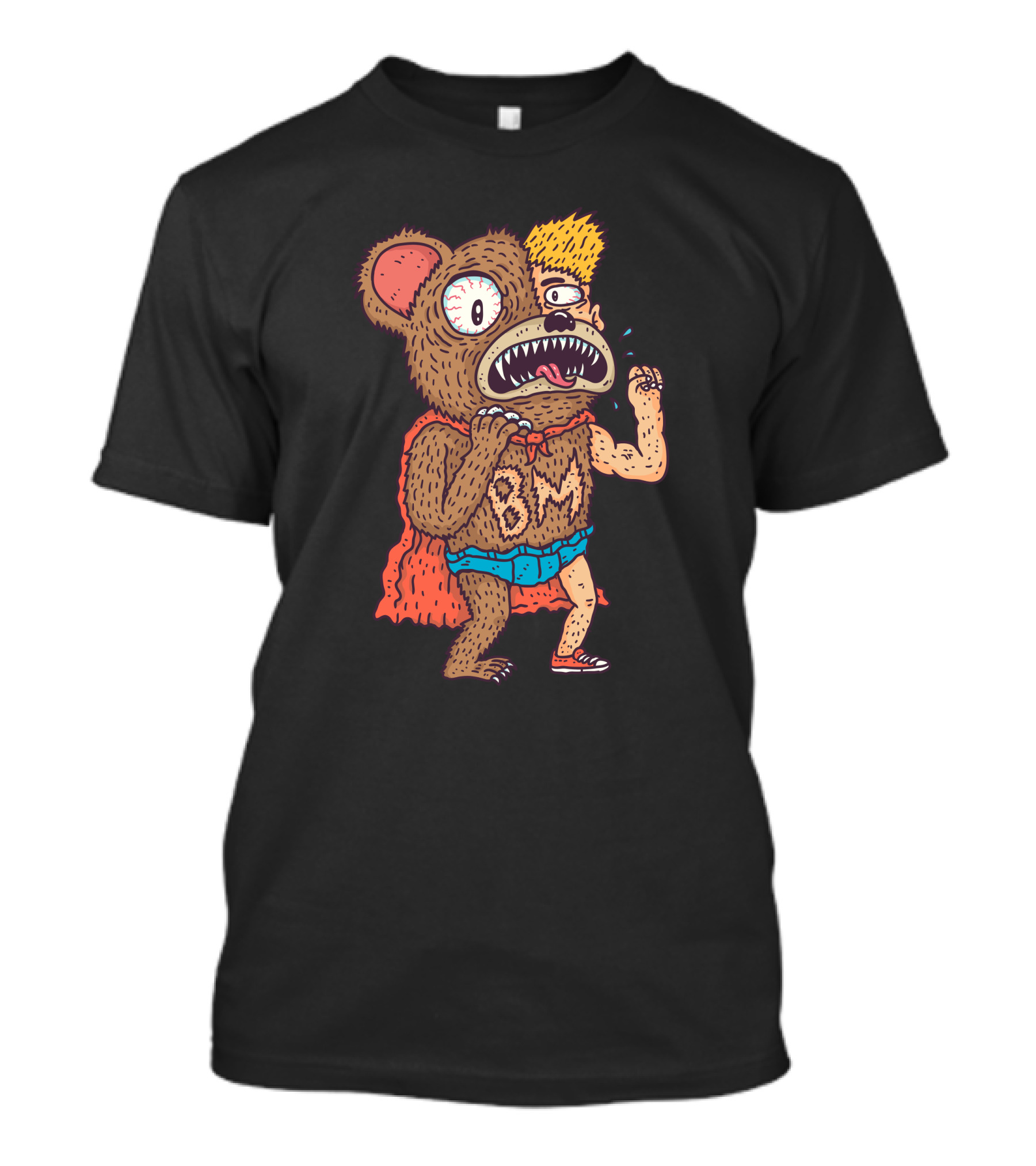 Bearman Wild Superhero Creature With Cape And Blue Shorts T-Shirt