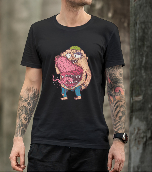 Belly Monster With Big Mouth Eating Tongue Cartoon T-Shirt