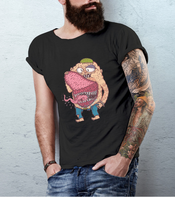 Belly Monster With Big Mouth Eating Tongue Cartoon T-Shirt