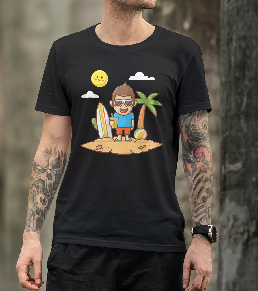 Boy Enjoying Summer On Beach With Surfboard And Tropical Vibes T-Shirt
