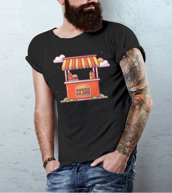 Burger Stand Fast Food Shop With Burger Fries And Sauce T-Shirt