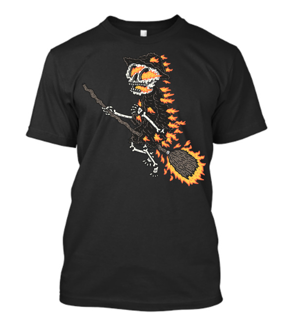 Burningwitch Flaming Skeleton Witch On Broomstick T-Shirt