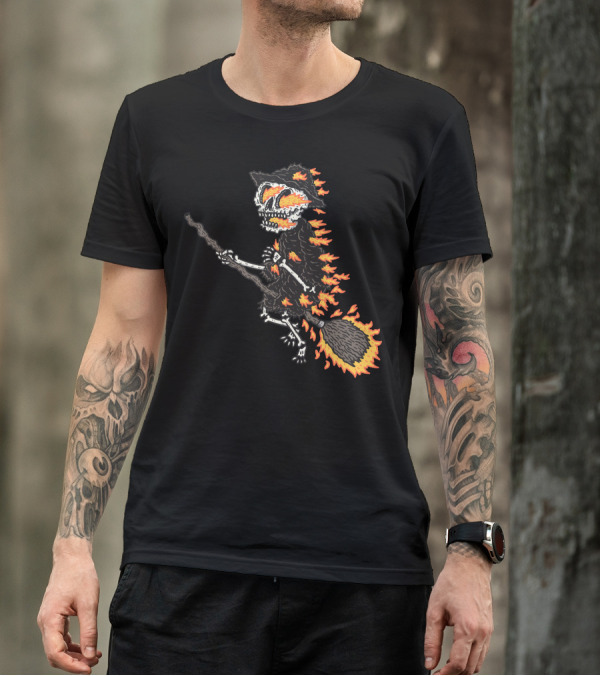 Burningwitch Flaming Skeleton Witch On Broomstick T-Shirt