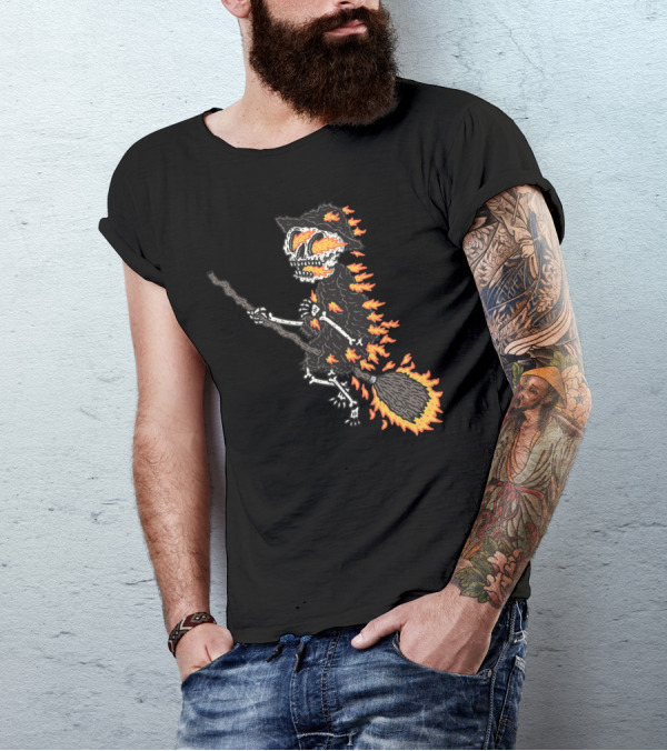Burningwitch Flaming Skeleton Witch On Broomstick T-Shirt